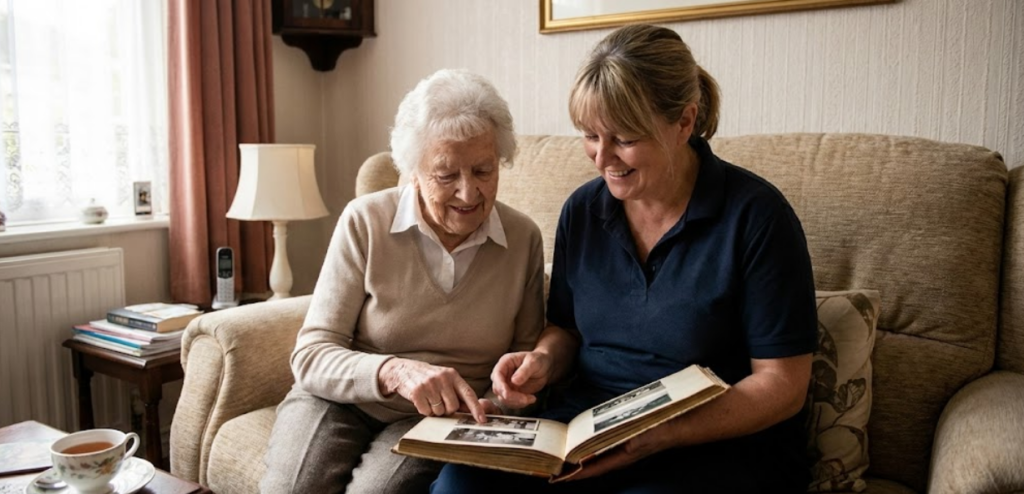 Una auxiliar de ayuda a domicilio y una mujer mayor miran juntas un viejo álbum de fotos, sonriendo sentadas en el sofá de un salón acogedor.
