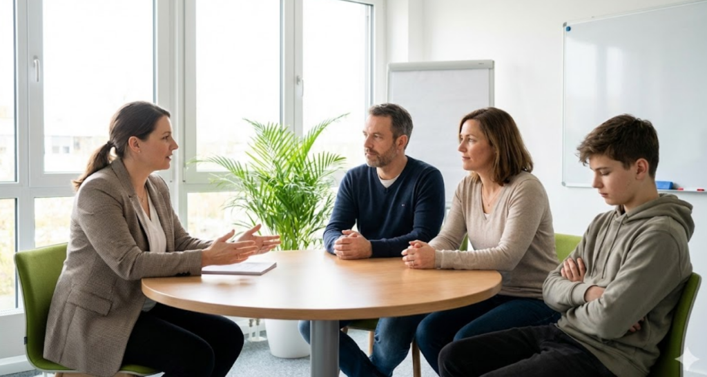 Una educadora social dialoga sentada en una mesa redonda con una pareja de padres y su hijo adolescente en una oficina luminosa.