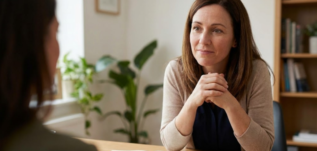 Primer plano de una trabajadora social escuchando atentamente a una usuaria que le explica su situación en un despacho privado.