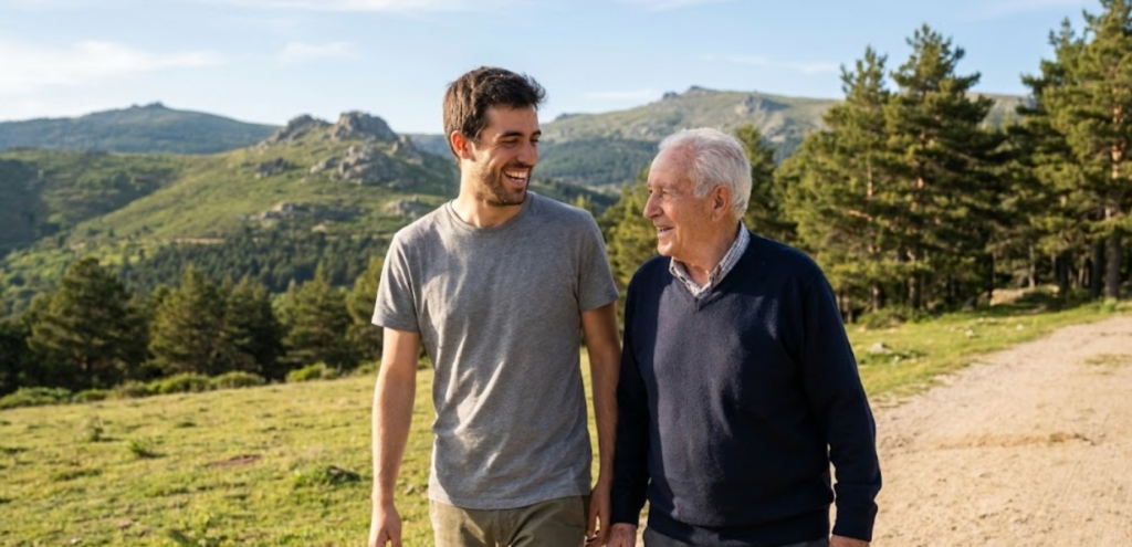 Un joven voluntario y un hombre mayor ríen mientras caminan juntos por un parque en la Sierra de Madrid con las montañas al fondo.