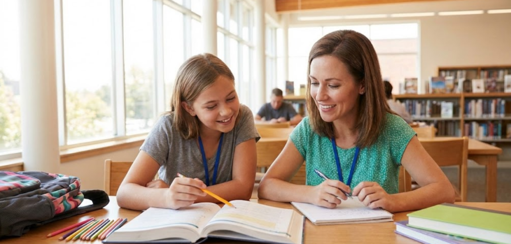 Una mujer voluntaria ayuda a una niña con sus deberes escolares en una mesa de biblioteca luminosa.