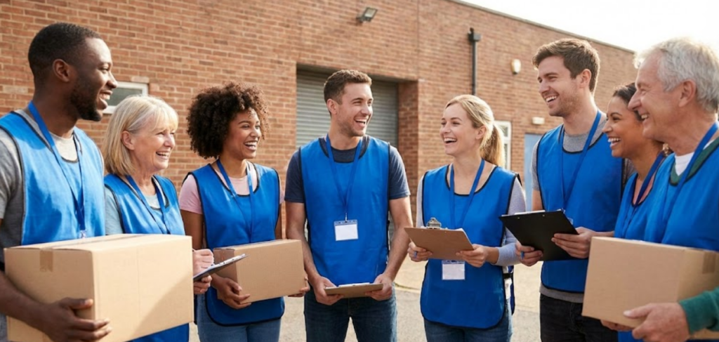 Grupo diverso de personas con chalecos o identificaciones de voluntariado charlando alegremente frente a la sede de la Mancomunidad.